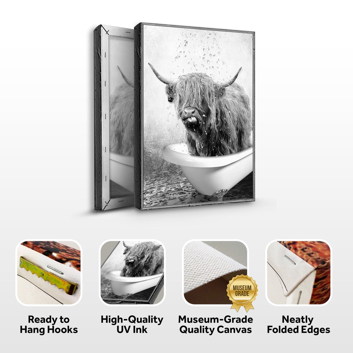 Highland Cattle Bath Canvas by Tailored Canvases, black-and-white cow in tub on Tampa Home & Garden Store