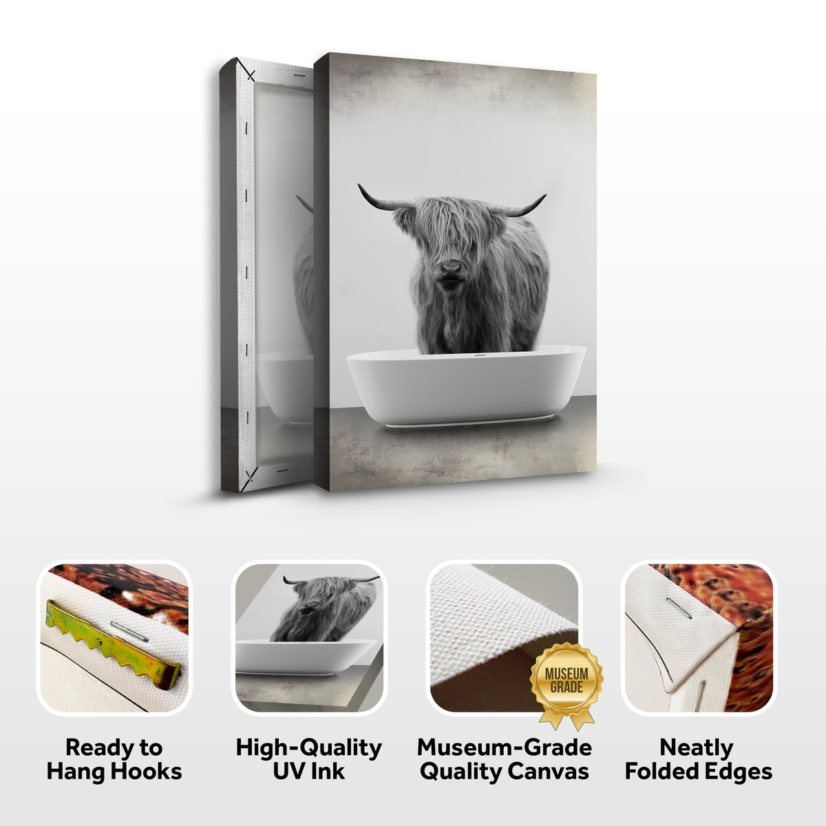 Highland Cattle Bath Canvas Wall Art IV canvas print grayscale Tailored Canvases on Tampa Home & Garden Store