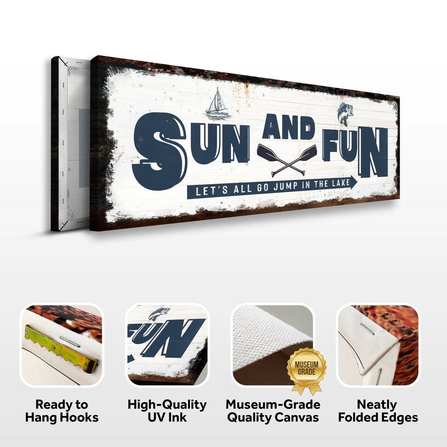 Sun and Fun Sign canvas with navy lettering and sailboat motif by Tailored Canvases on Tampa Home & Garden Store