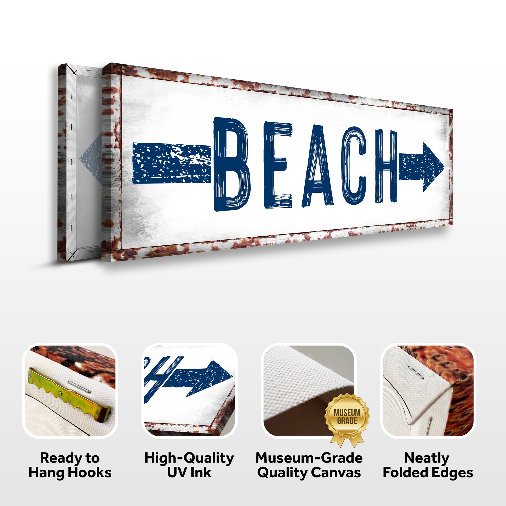 Beach Arrow Sign canvas with distressed rust frame and bold blue lettering by Tailored Canvases on Tampa Home & Garden Store