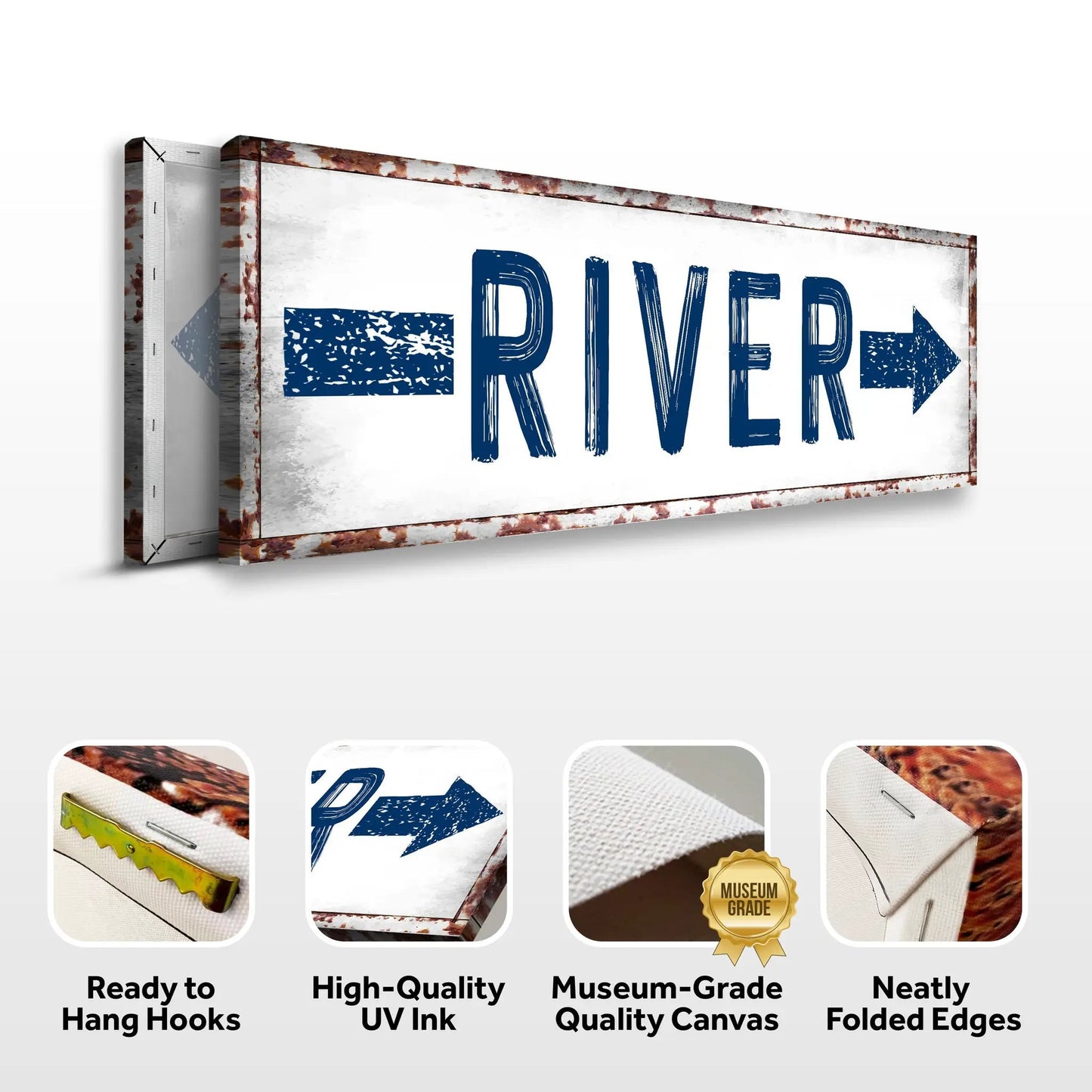 River Arrow Sign canvas with blue river arrow on distressed white background in a rusted frame on Tampa Home & Garden Store