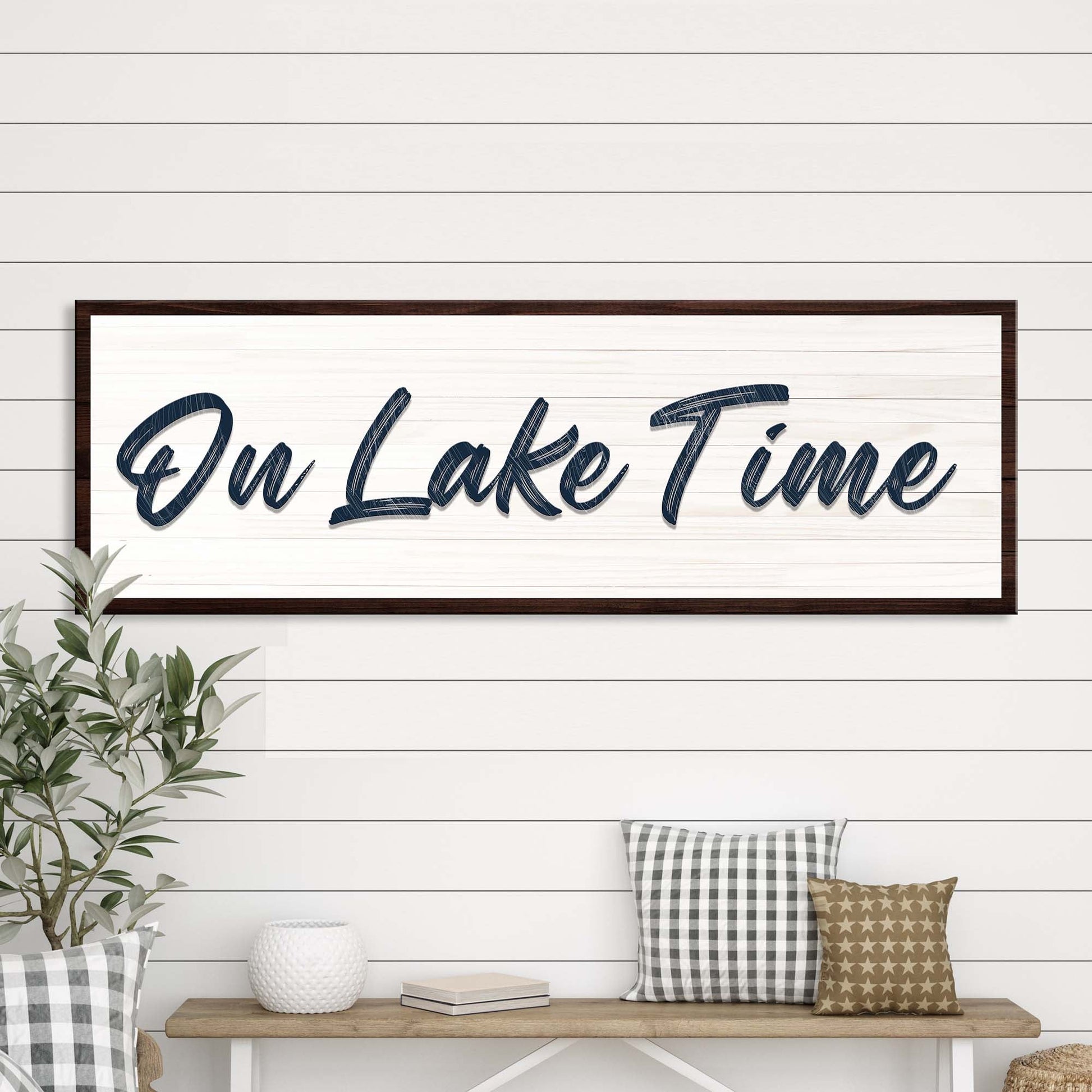 On Lake Time Sign III canvas by Tailored Canvases with navy script on whitewashed wood frame on Tampa Home & Garden Store