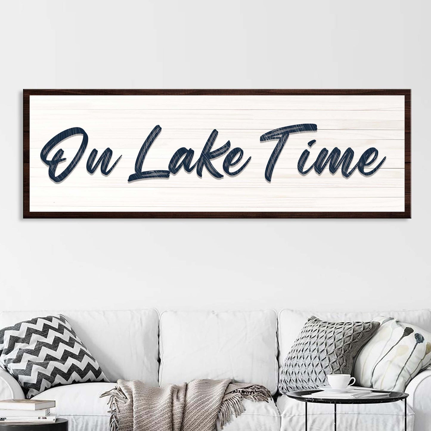 On Lake Time Sign III canvas with dark wood frame and navy script on white planked background on Tampa Home & Garden Store