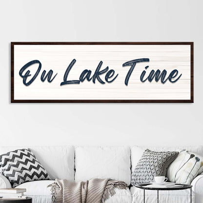 On Lake Time Sign III canvas with dark wood frame and navy script on white planked background on Tampa Home & Garden Store
