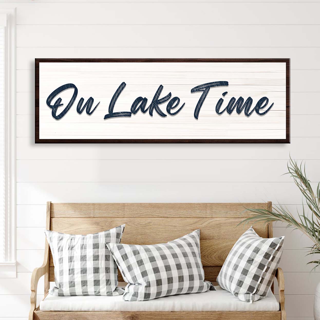 On Lake Time Sign III canvas wall art with navy script on white panel framed in dark wood on Tampa Home & Garden Store