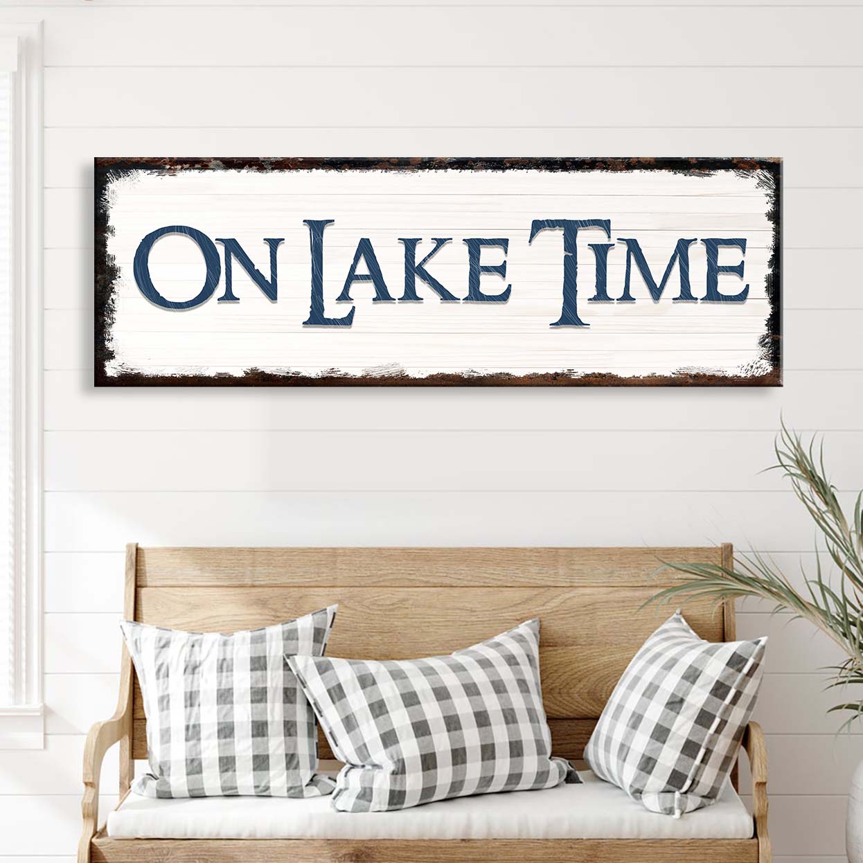On Lake Time Sign IV canvas wall art by Tailored Canvases, distressed white panel with blue lettering and dark frame on Tampa Home & Garden Store