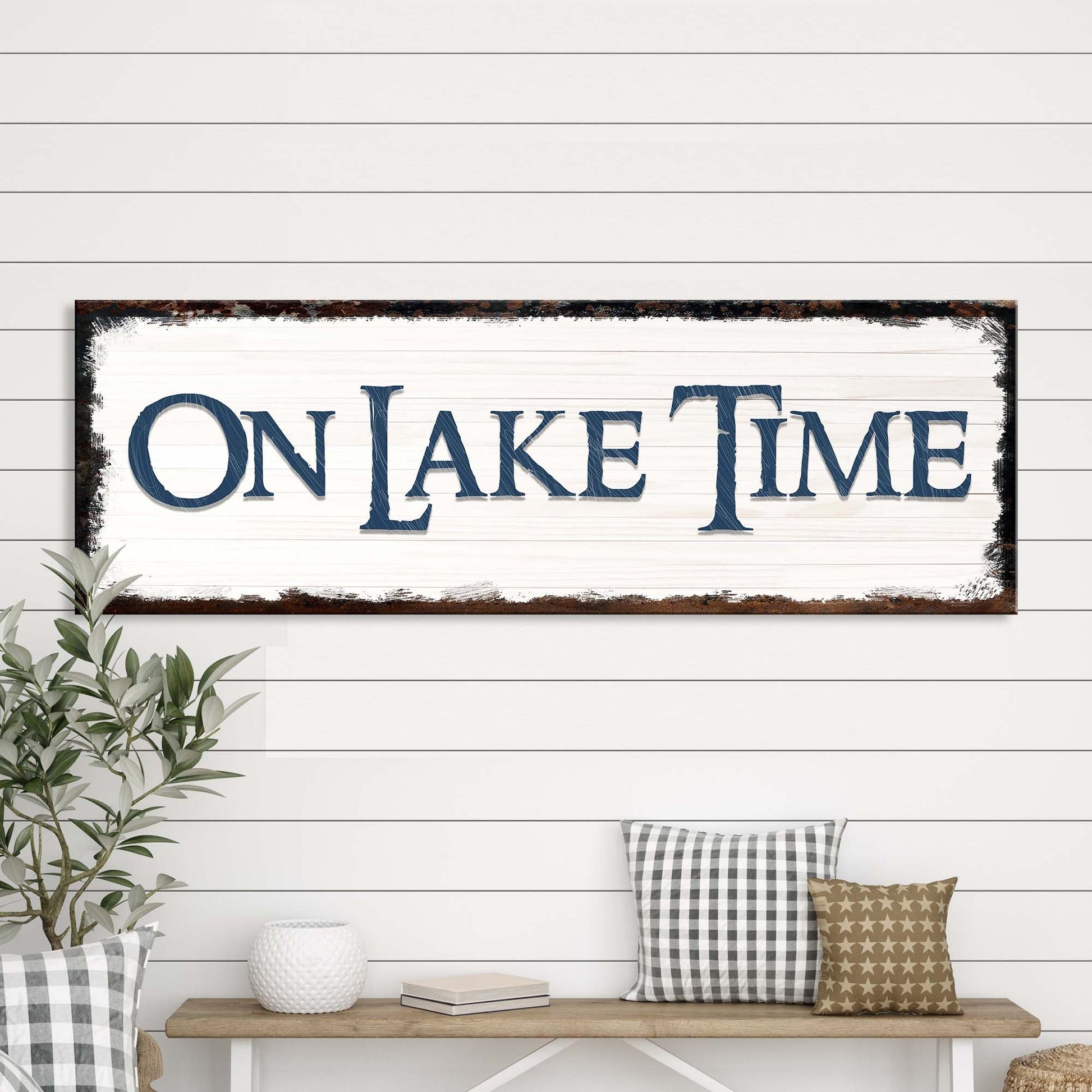 On Lake Time Sign IV canvas sign with white planks and distressed border blue lettering on Tampa Home & Garden Store