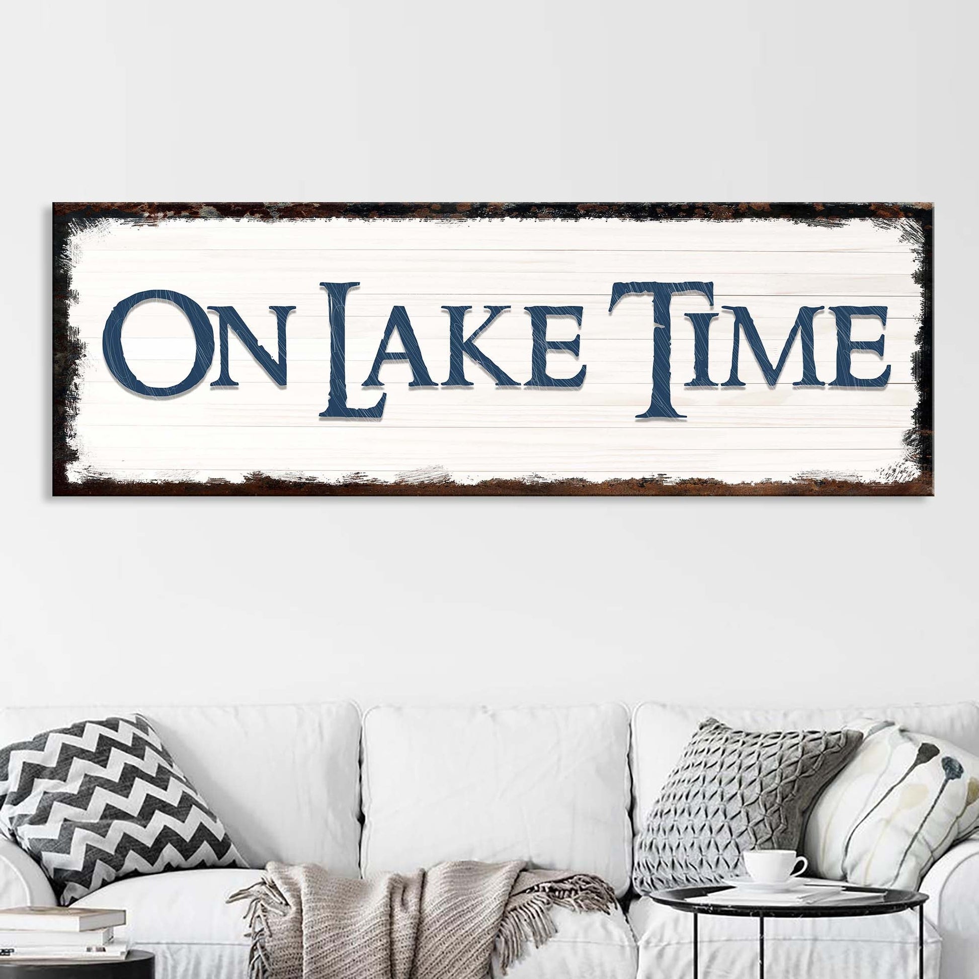 On Lake Time Sign IV canvas Tailored Canvases distressed white wood backdrop and dark frame on Tampa Home & Garden Store