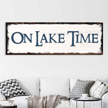 On Lake Time Sign IV canvas Tailored Canvases distressed white wood backdrop and dark frame on Tampa Home & Garden Store