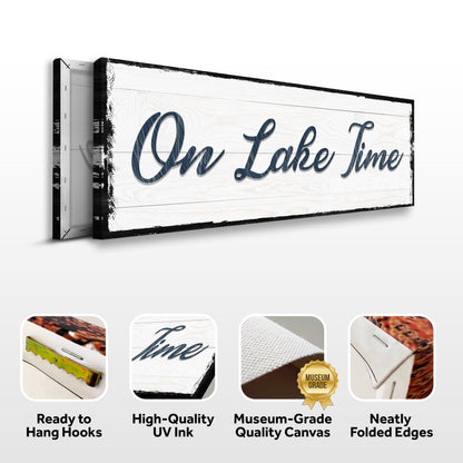 On Lake Time Sign canvas with whitewashed wood background, navy cursive text, distressed black frame on Tampa Home & Garden Store