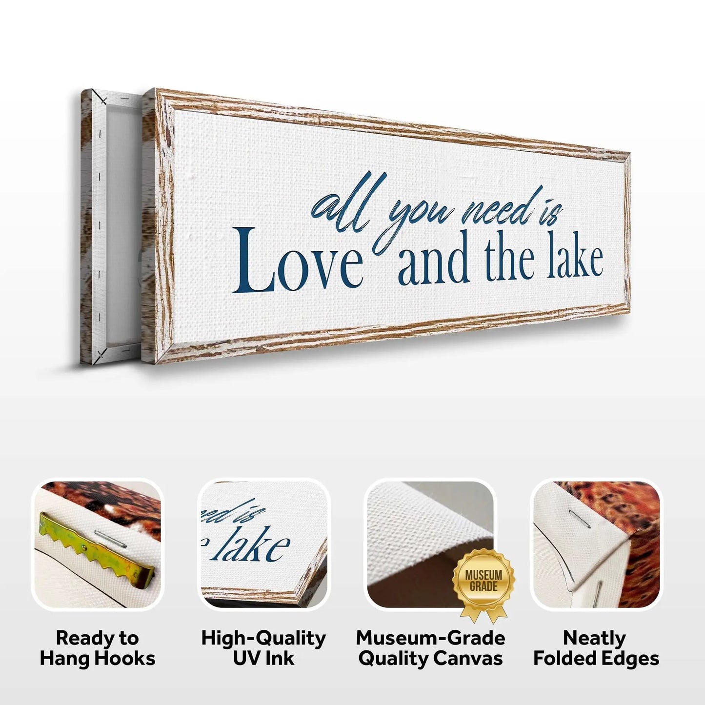 Love And The Lake Sign Canvas by Tailored Canvases, rustic wood frame, navy script on Tampa Home & Garden Store