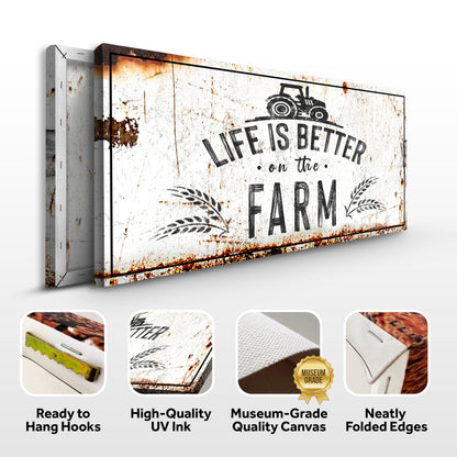 Life Is Better On The Farm canvas sign with rustic white texture and tractor motif on Tampa Home & Garden Store