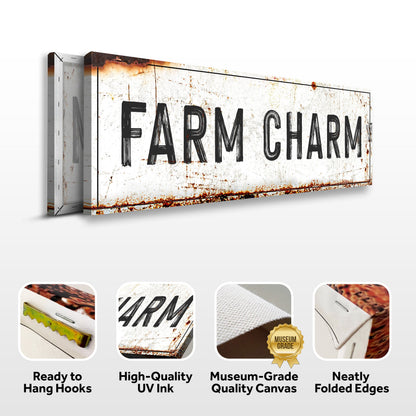 Farm Charm Sign canvas with rusty texture and bold black lettering on Tampa Home & Garden Store