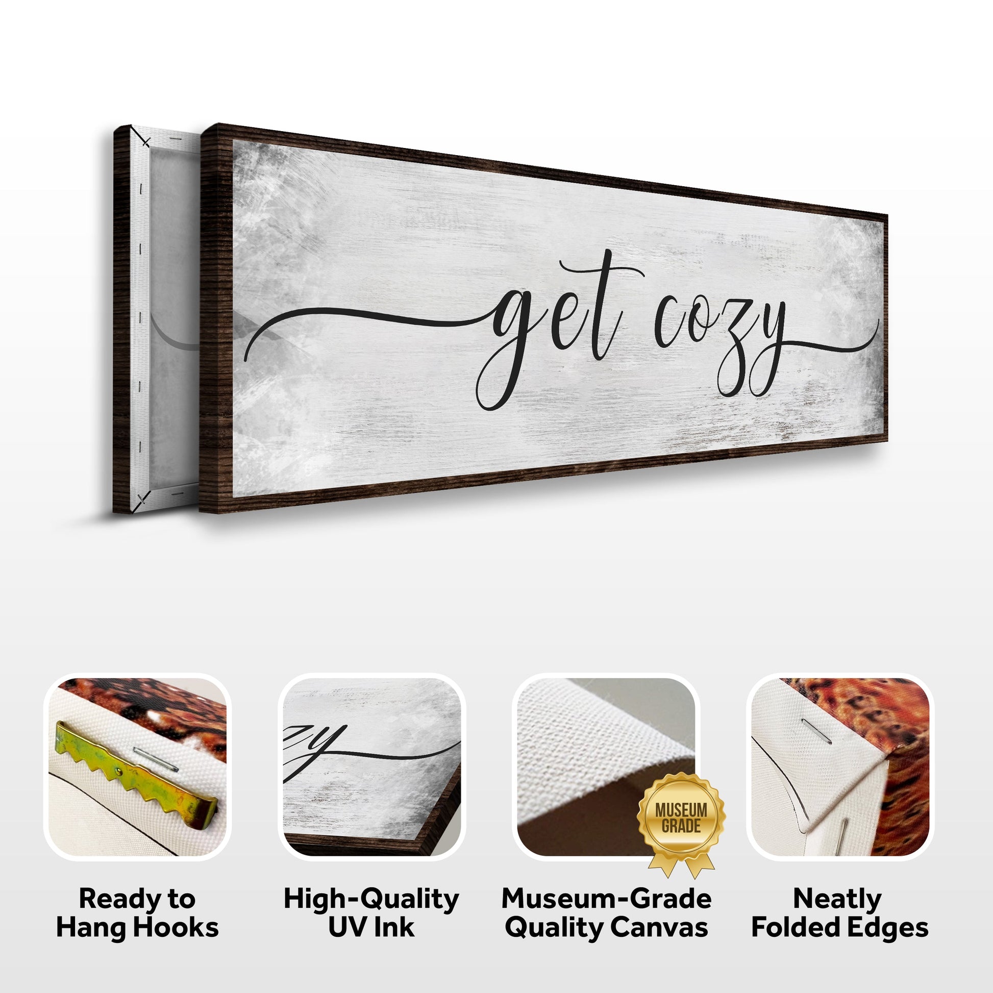 Get Cozy Canvas Wall Art distressed white canvas with dark wood frame by Tailored Canvases on Tampa Home & Garden Store