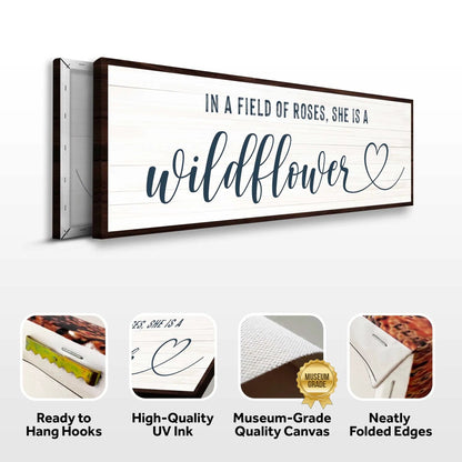 Canvas Sign II She Is A Wildflower by Tailored Canvases with pale planks and navy script on Tampa Home & Garden Store