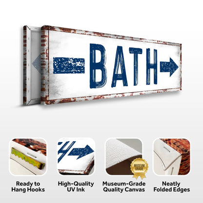 Bath Arrow Sign canvas by Tailored Canvases, rustic rusted frame with bold blue lettering on Tampa Home & Garden Store