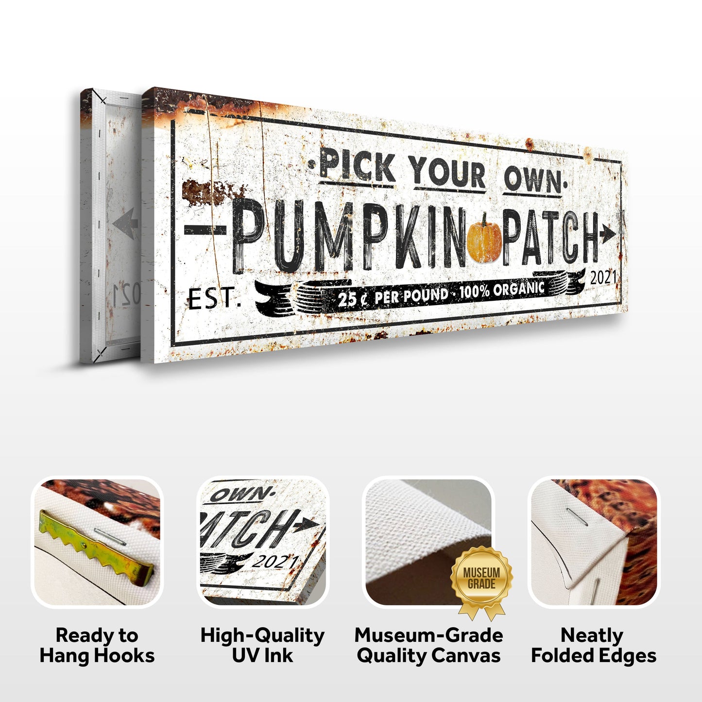 Pick Your Own Pumpkin Patch Sign canvas with distressed white finish and pumpkin icon on Tampa Home & Garden Store
