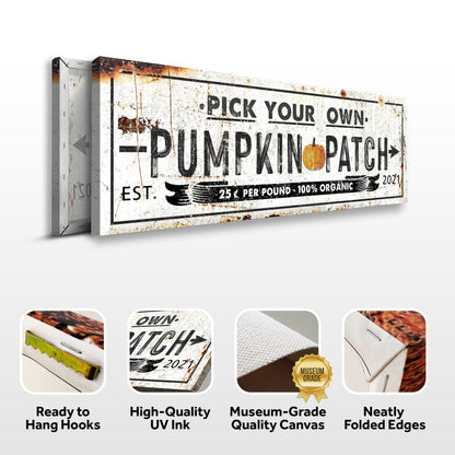 Pick Your Own Pumpkin Patch Sign canvas with distressed white finish and pumpkin icon on Tampa Home & Garden Store