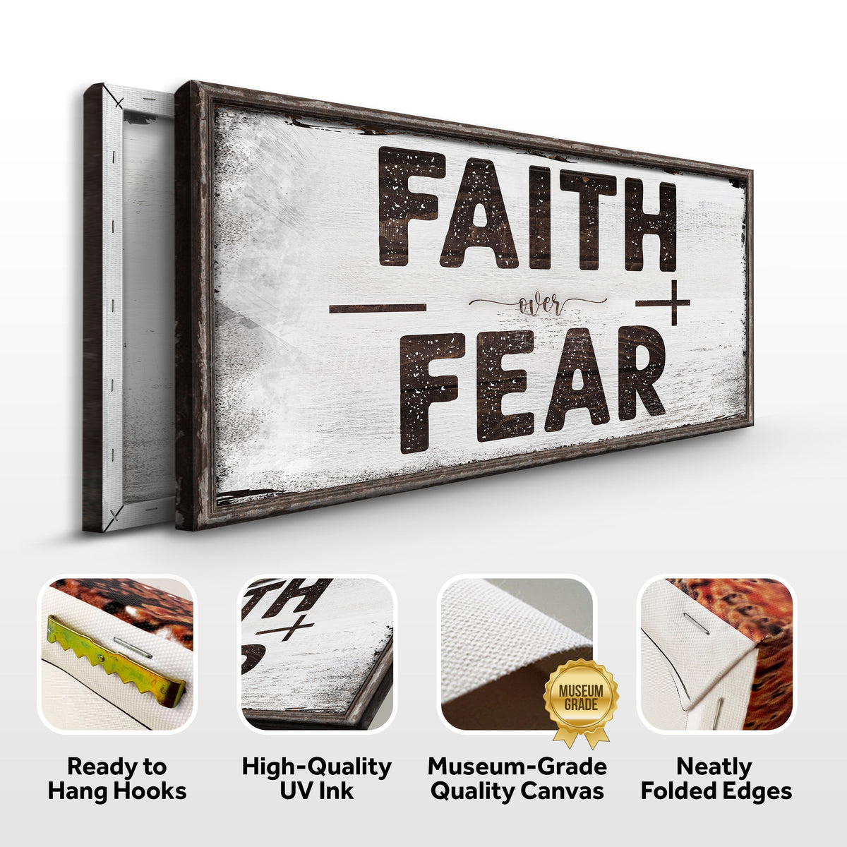 Faith Over Fear motivational sign canvas with distressed wood frame by Tailored Canvases on Tampa Home & Garden Store
