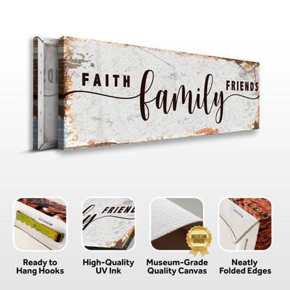 Faith Family Friends Sign II canvas by Tailored Canvases rustic background and script family on Tampa Home & Garden Store