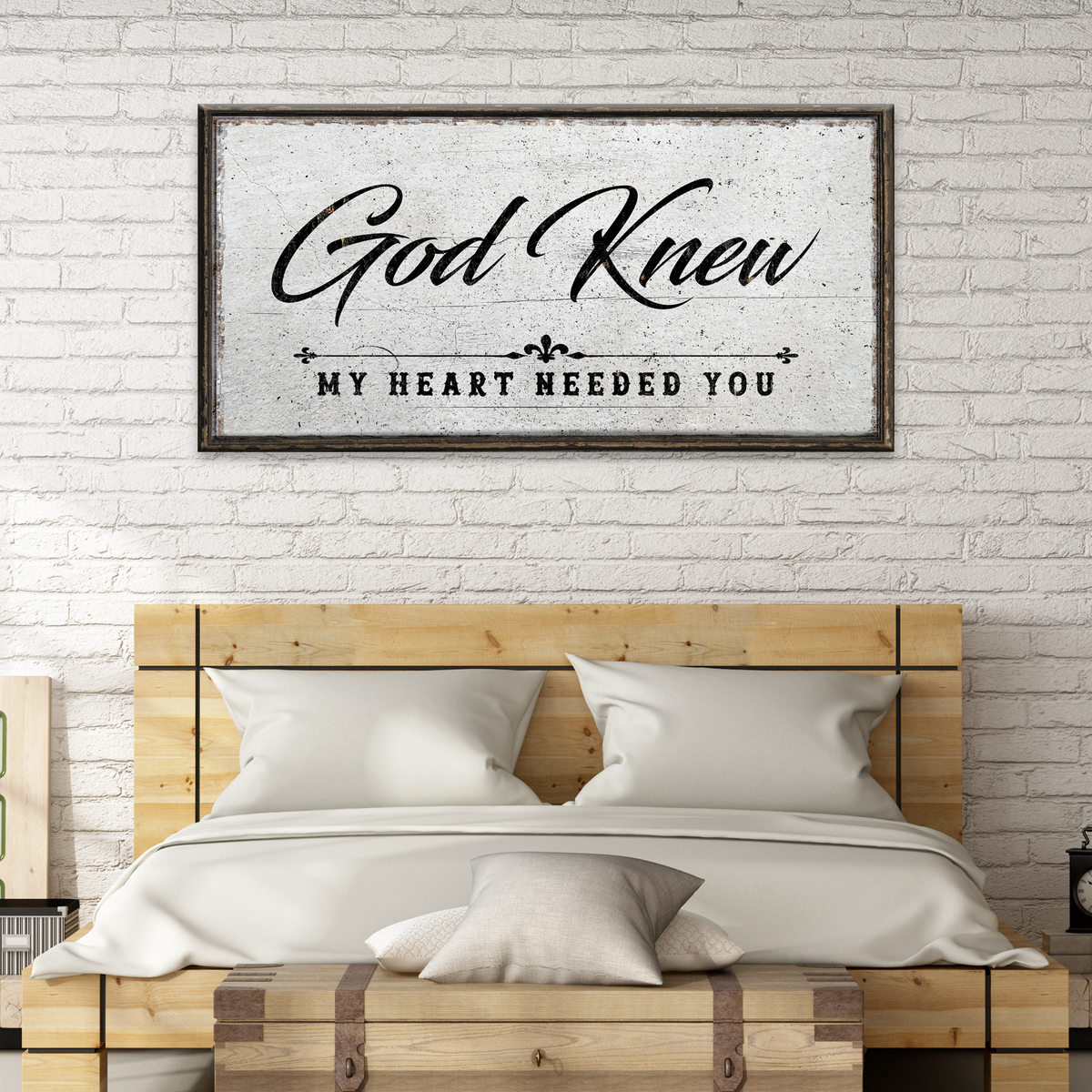 God Knew Sign crafting canvas by Tailored Canvases with rustic framed white background on Tampa Home & Garden Store