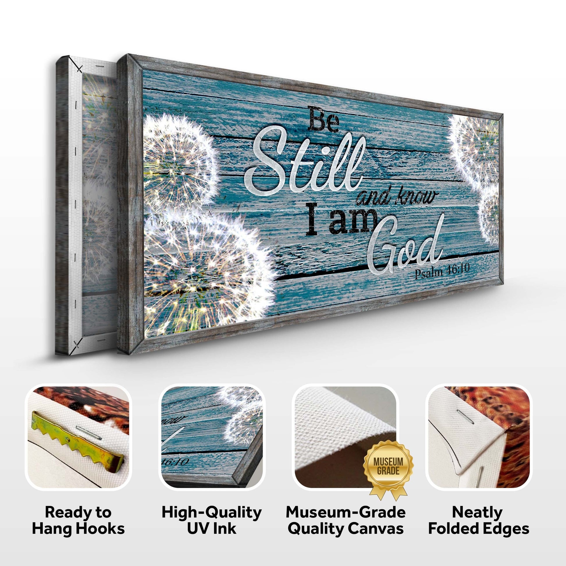Canvas sign Tailored Canvases Psalm 46:10 Be Still and Know I Am God on blue weathered wood on Tampa Home & Garden Store