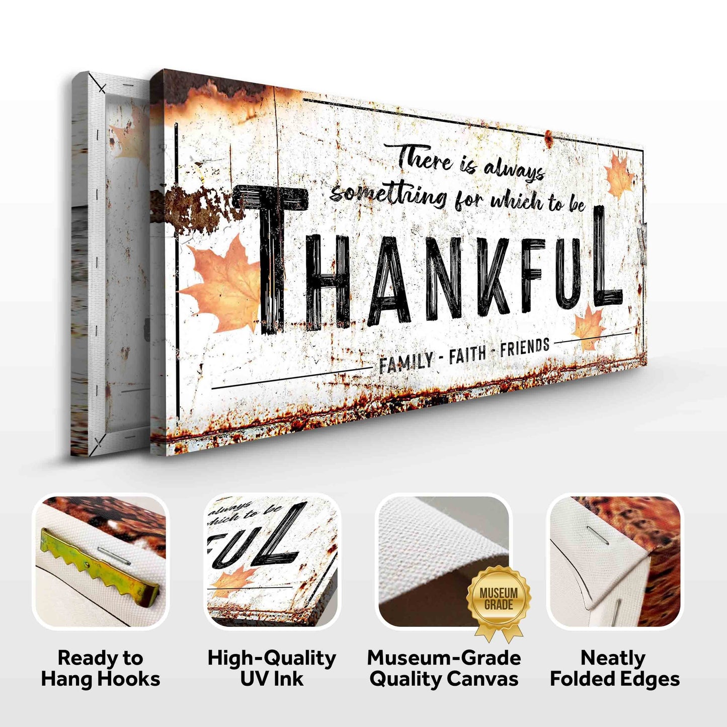 Always Thankful Sign canvas wall art by Tailored Canvases, rustic distressed white with leaves on Tampa Home & Garden Store