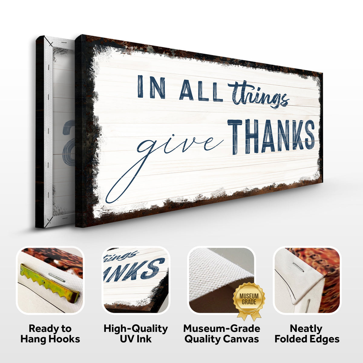 Canvas sign In All Things Give Thanks II by Tailored Canvases on whitewashed wood with blue text on Tampa Home & Garden Store