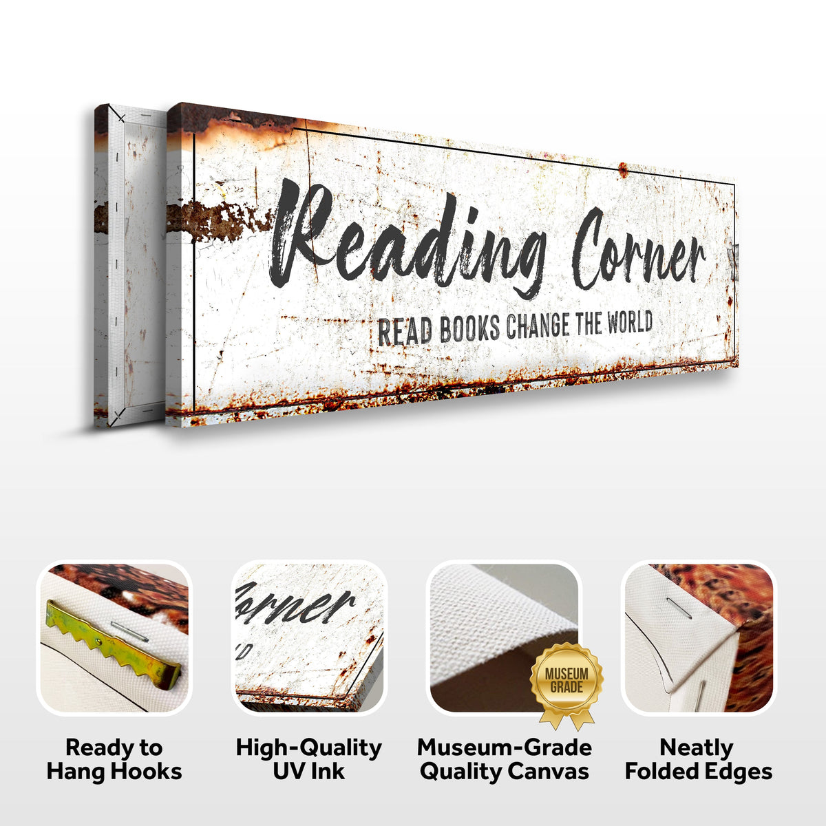 Reading Corner Sign canvas by Tailored Canvases with distressed white and rust marks on Tampa Home & Garden Store
