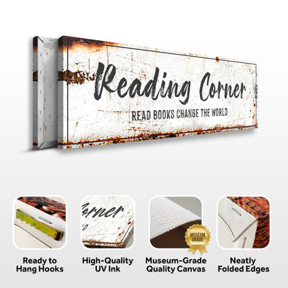 Reading Corner Sign canvas by Tailored Canvases with distressed white and rust marks on Tampa Home & Garden Store