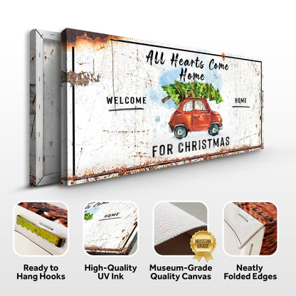 All Hearts Come Home For Christmas Sign canvas rustic finish with red vintage truck on Tampa Home & Garden Store