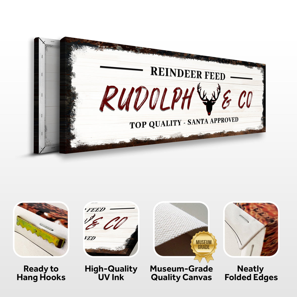 Canvas sign Rudolph & Co with whitewashed wood background and deer head silhouette on Tampa Home & Garden Store