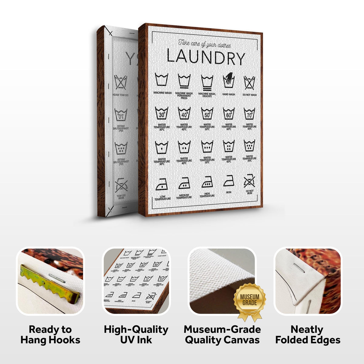 Laundry Symbols Sign II canvas by Tailored Canvases with a wooden frame on Tampa Home & Garden Store