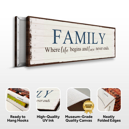 8 Powerful Words Family Sign II canvas with blue FAMILY on whitewashed wood planks by Tailored Canvases Crafting Canvas on Tampa Home & Garden Store