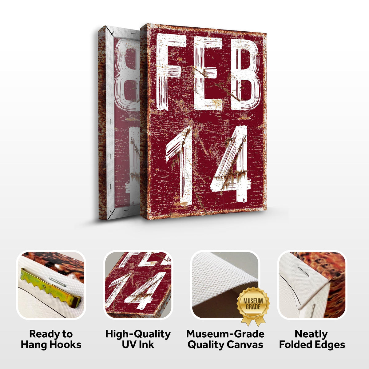 Feb 14 Sign canvas set of 3 by Tailored Canvases in distressed red with bold white lettering on Tampa Home & Garden Store