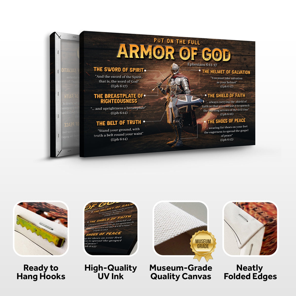 Armor Of God Sign canvas by Tailored Canvases with orange lettering on dark wood and knight on Tampa Home & Garden Store
