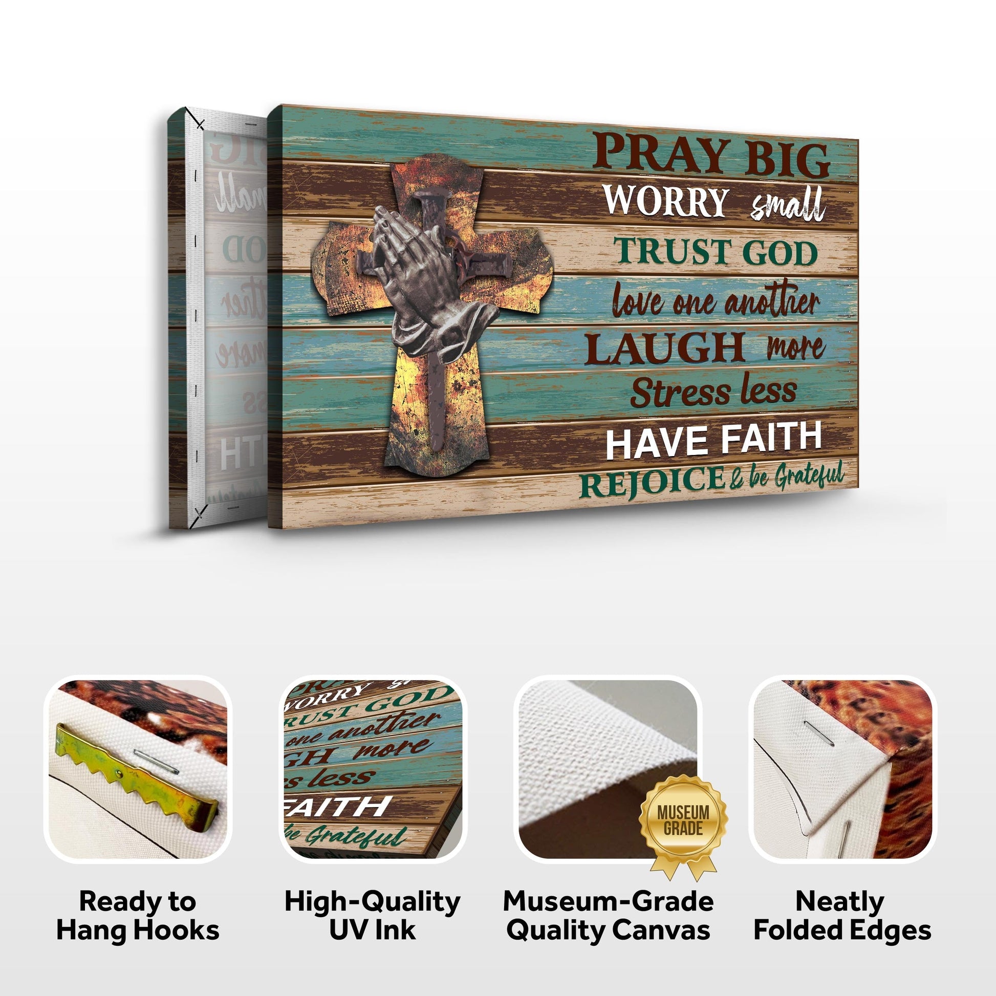 Pray Big Worry Small Sign canvas with teal wood planks and praying hands Tailored Canvases on Tampa Home & Garden Store