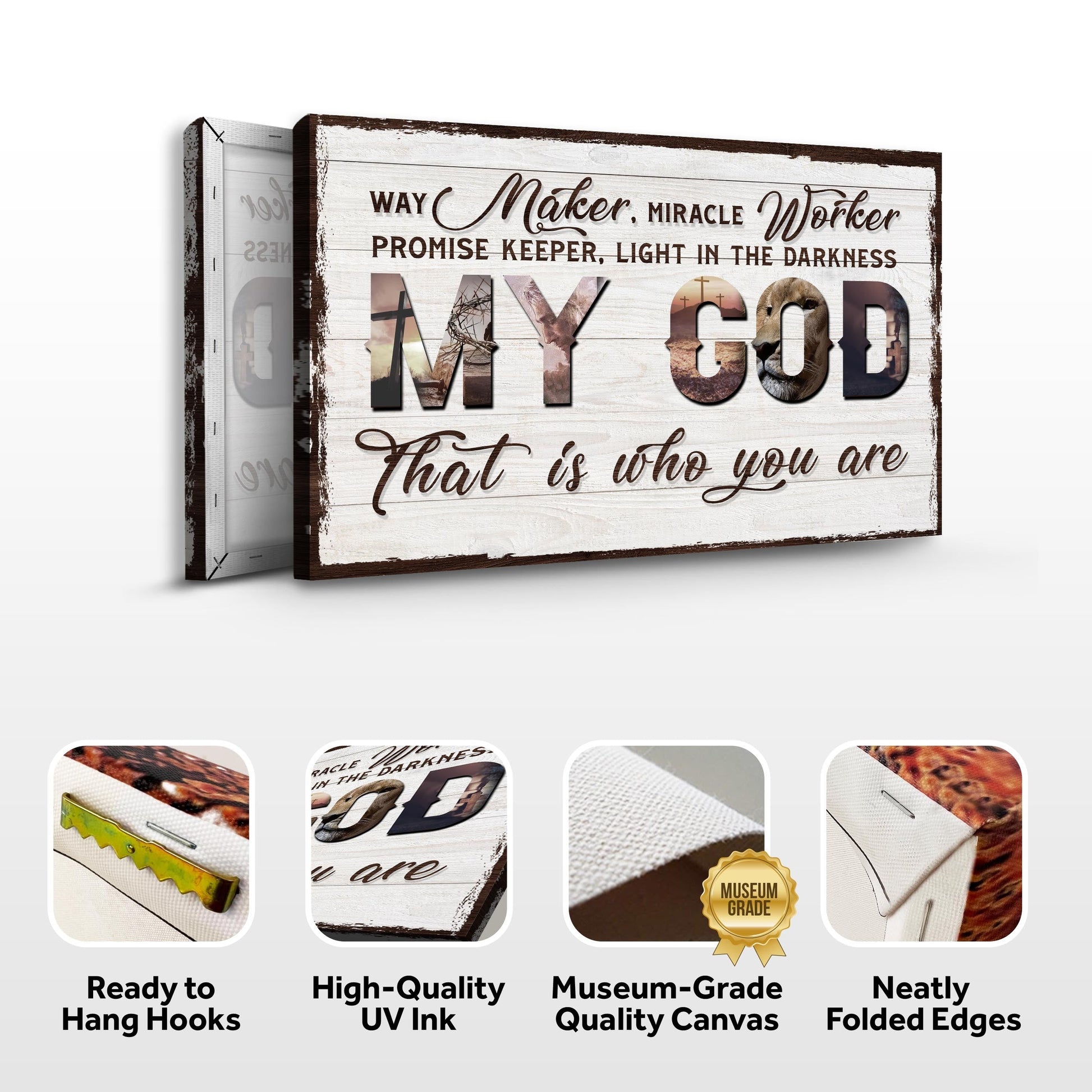 Canvas sign My God That Is Who You Are by Tailored Canvases, rustic whitewashed wood panel on Tampa Home & Garden Store