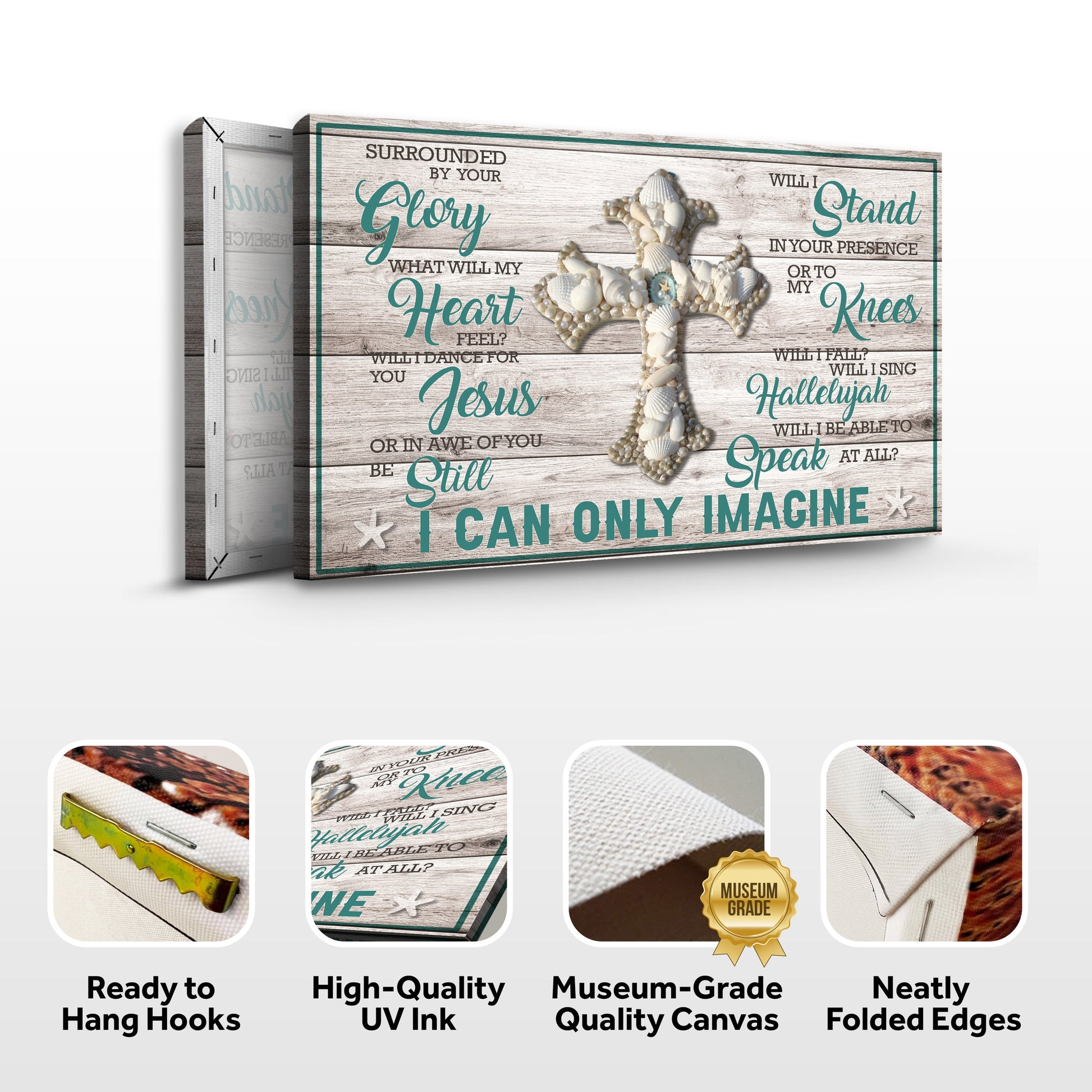 Canvas sign I Can Only Imagine Jesus seashell cross on light wood and teal script on Tampa Home & Garden Store