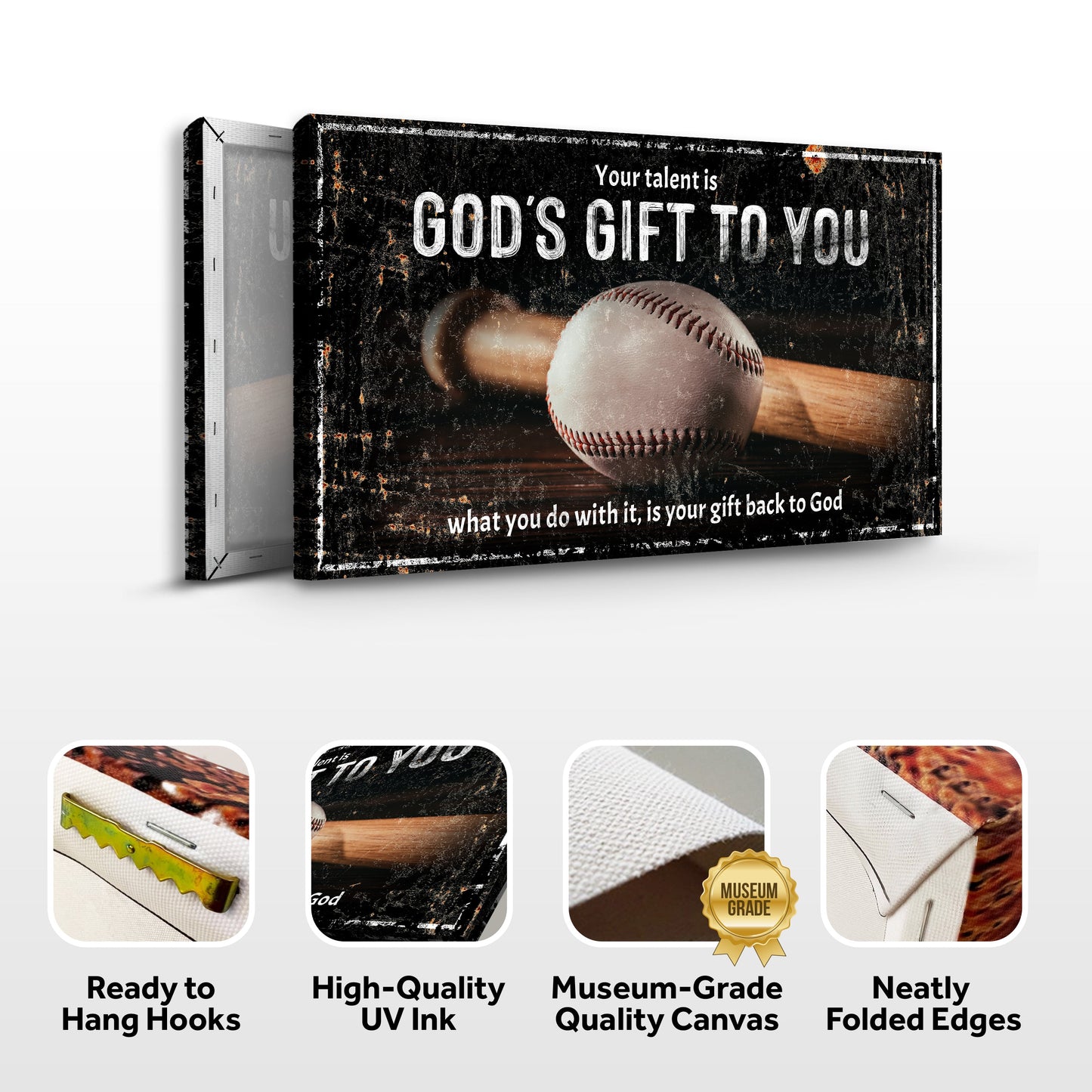 Your Baseball Talent Is God's Gift Sign II canvas with distressed black background and baseball on Tampa Home & Garden Store