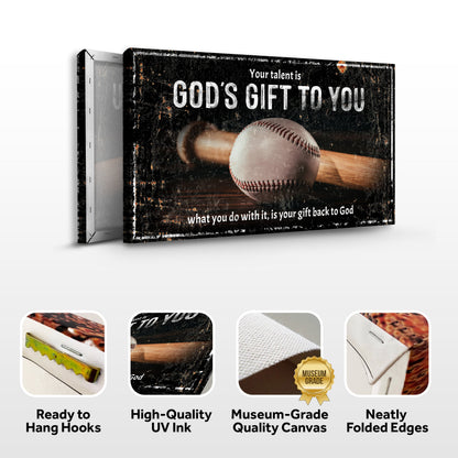 Your Baseball Talent Is God's Gift Sign II canvas with distressed black background and baseball on Tampa Home & Garden Store