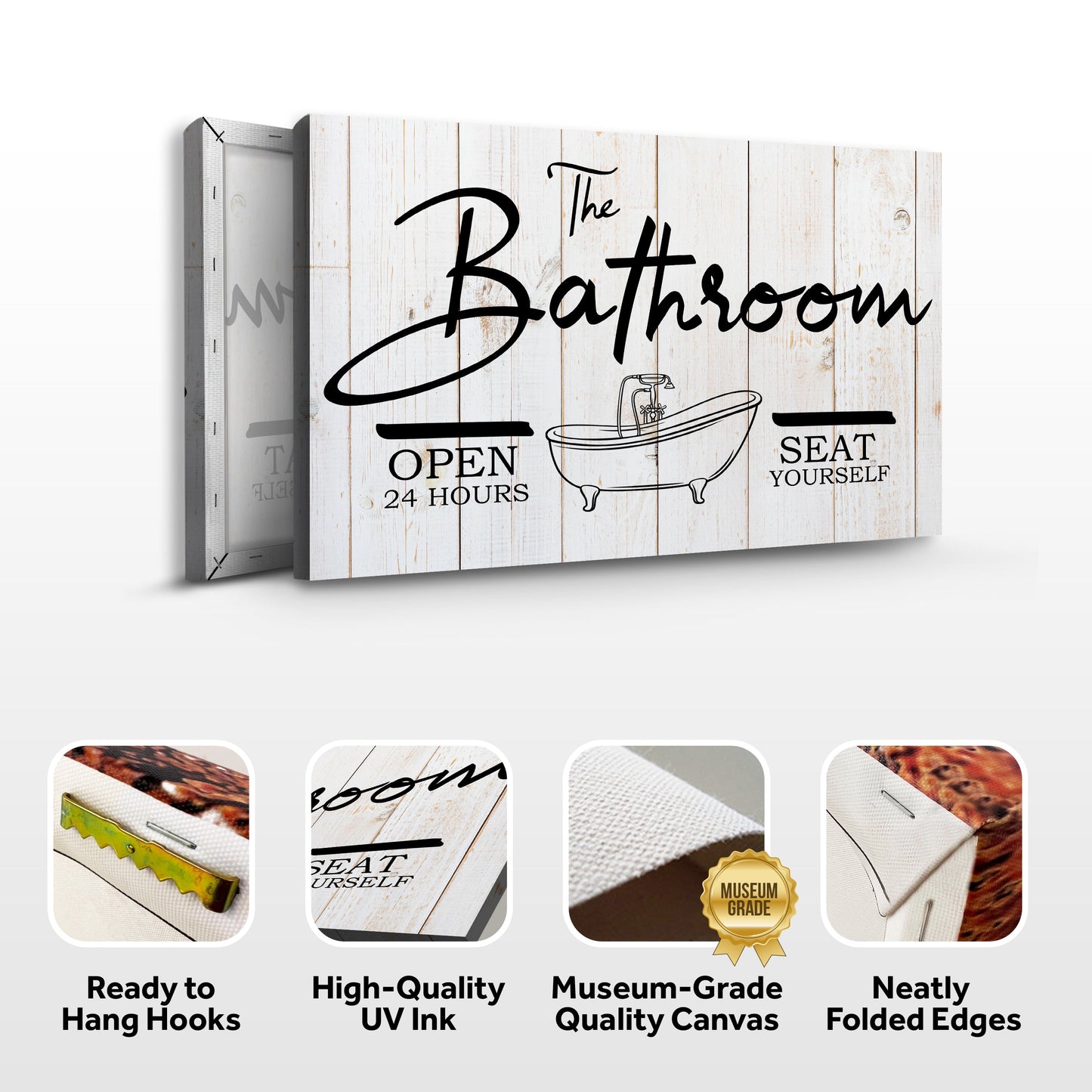 Tailored Canvases The Bathroom sign canvas on white wood panels with black script and tub icon on Tampa Home & Garden Store