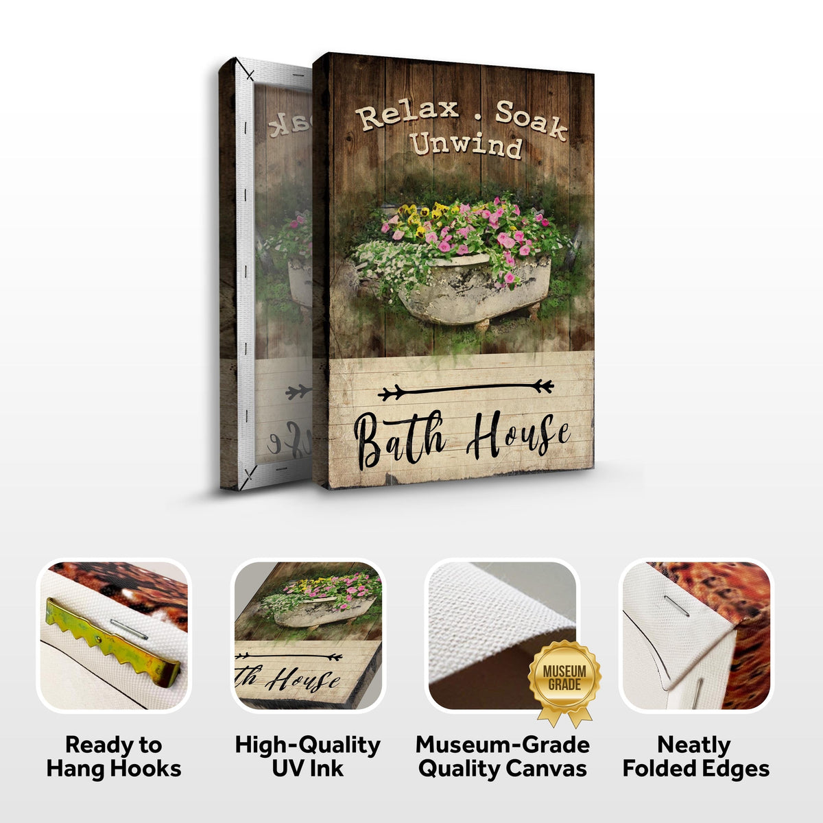 Relax Soak Unwind Sign VII 3-piece canvas art with wood plank back basket Tailored Canvases on Tampa Home & Garden Store