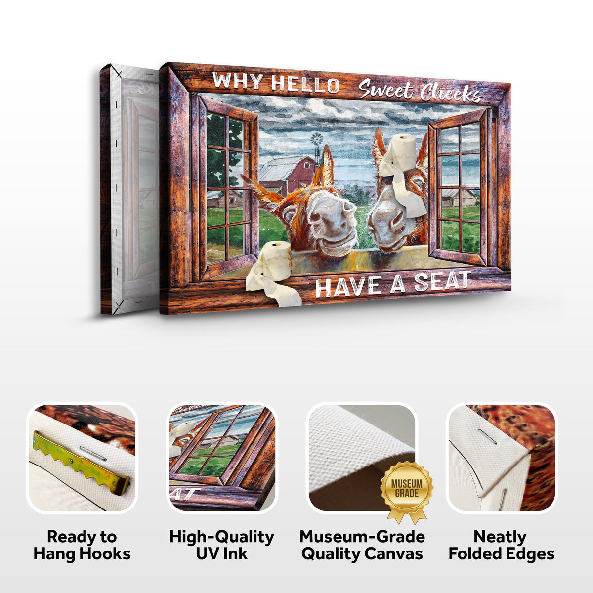 Have A Seat Sweet Cheeks bathroom sign canvas by Tailored Canvases; rustic wood frame with window-pane farm scene on Tampa Home & Garden Store