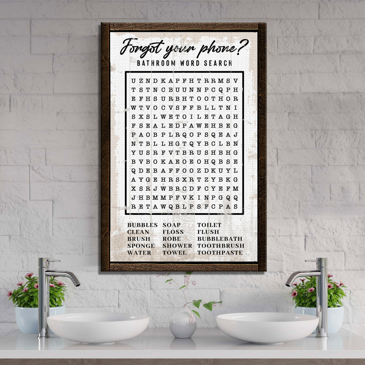 Bathroom Word Search Sign canvas by Tailored Canvases, rustic framed crafting canvas with black text on Tampa Home & Garden Store