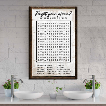 Bathroom Word Search Sign canvas by Tailored Canvases, rustic framed crafting canvas with black text on Tampa Home & Garden Store