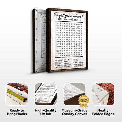 Bathroom Word Search Sign canvas by Tailored Canvases in a dark wood frame with a word grid on Tampa Home & Garden Store
