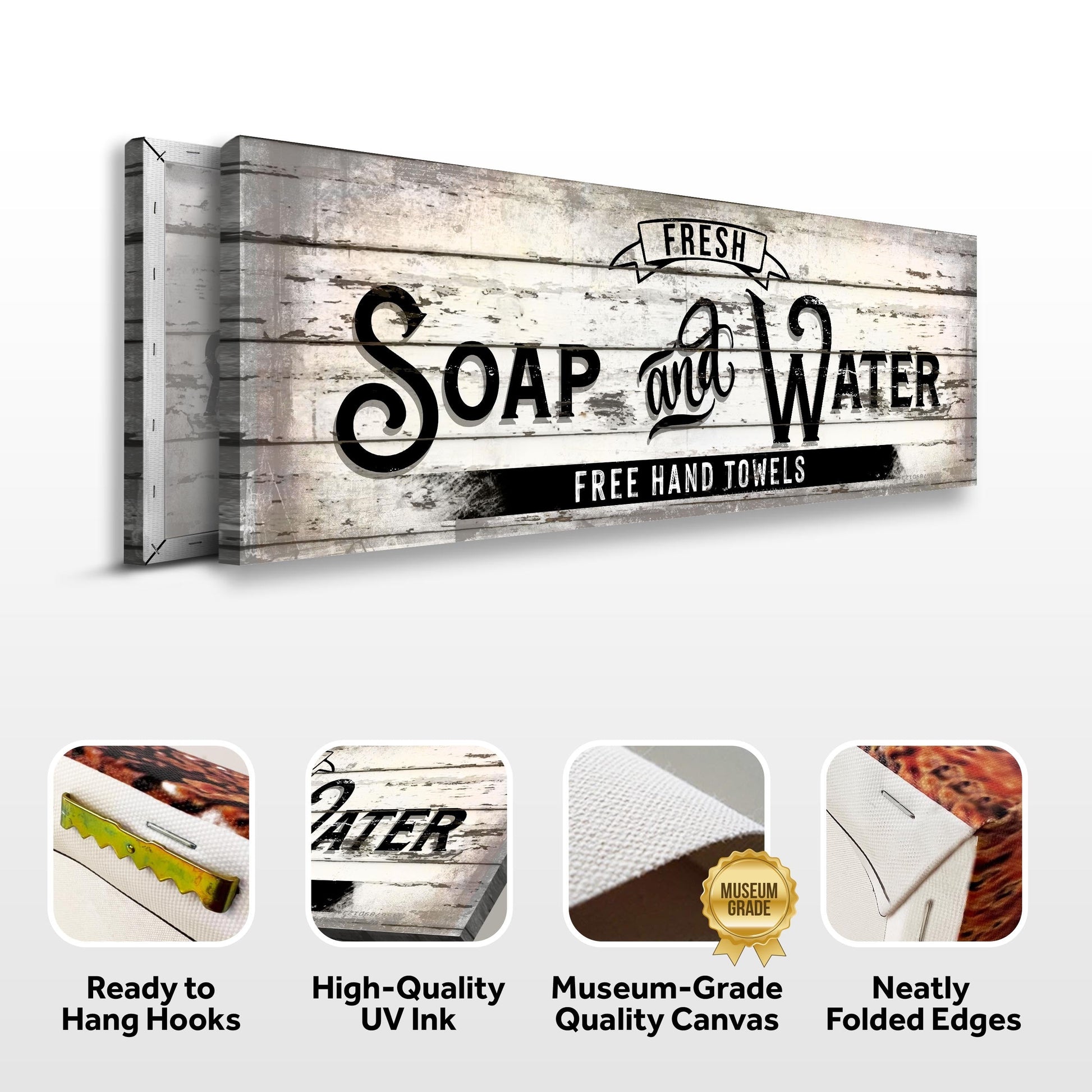 Fresh Soap and Water family bathroom sign on weathered wood canvas by Tailored Canvases on Tampa Home & Garden Store