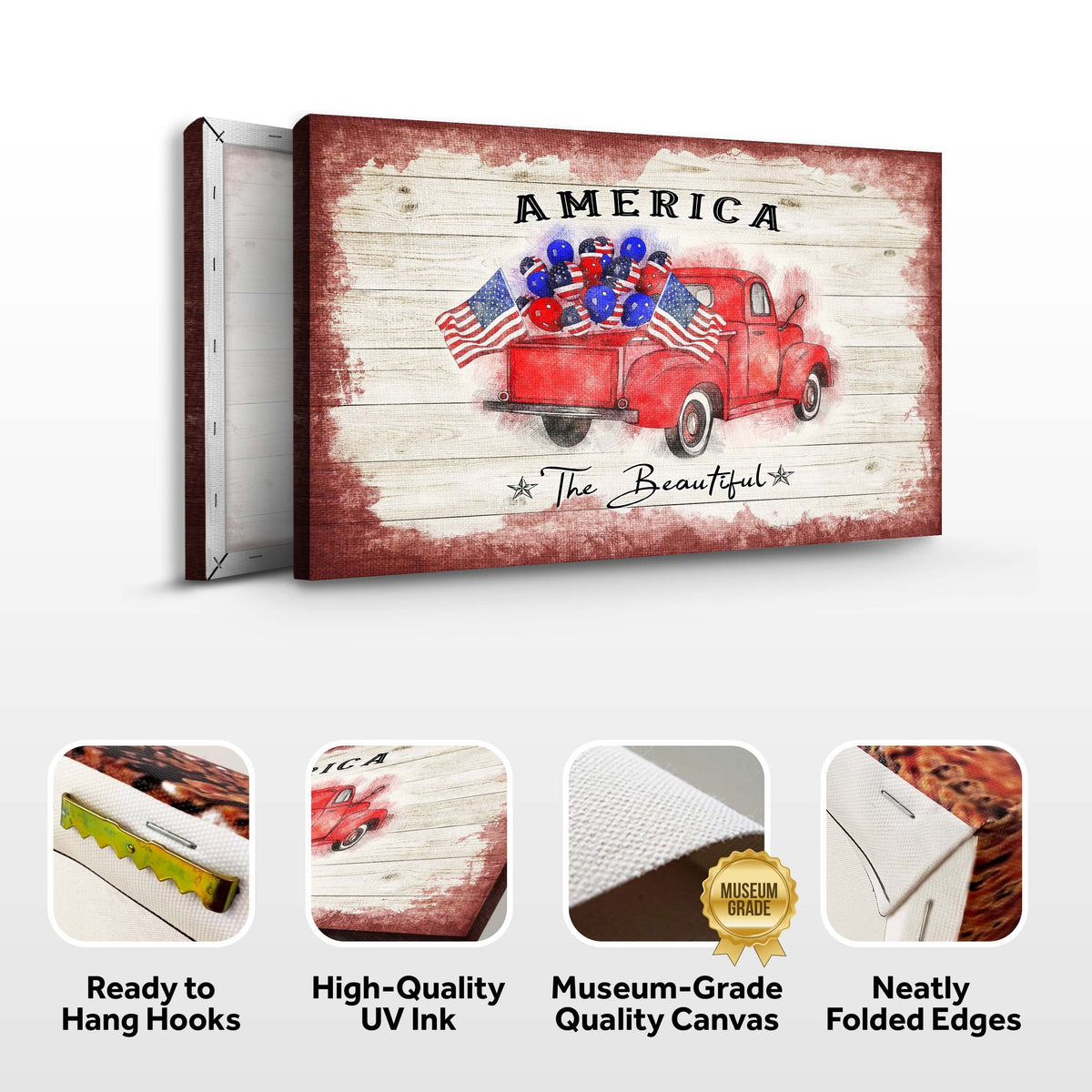 America The Beautiful II canvas with a red vintage pickup and patriotic flags on rustic wood on Tampa Home & Garden Store