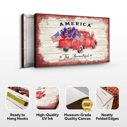 America The Beautiful II canvas with a red vintage pickup and patriotic flags on rustic wood on Tampa Home & Garden Store